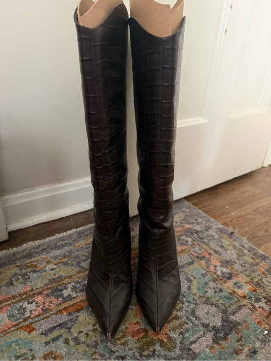 SCHUTZ Shoes - SCHUTZ Croc-Embossed Pointed-Toe Over-the-Knee Boots - Dark Brown